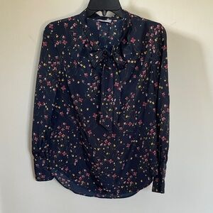 UNTUCKit For Her Navy Floral Tie Neck Blouse Women’s XS Long Sleeve Work Top
